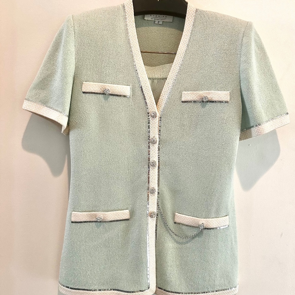 St. John Evening by Marie Gray- Green 2 piece with Sequin & Crystal Accents.